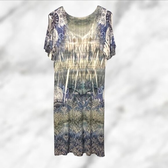 World Unity Star Ace Blue Purple Midi Short Sleeved Dress Women's Size Large - Picture 2 of 11